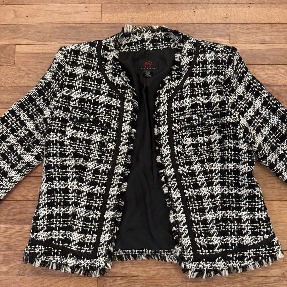 True Meaning black white tweed open front 3/4 sleeve career jacket sz large
 b49